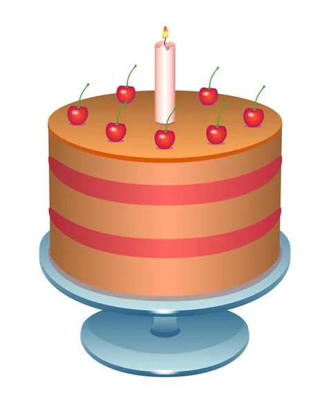 Kirschtorte Mit Kerze Geburtstagstorte Auf Einem Ständer Vektor Vollfarb Illustration — Stockvektor