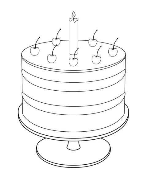 Torta Ciliegie Con Candela Torta Compleanno Piatto Illustrazione Lineare Vettoriale — Vettoriale Stock