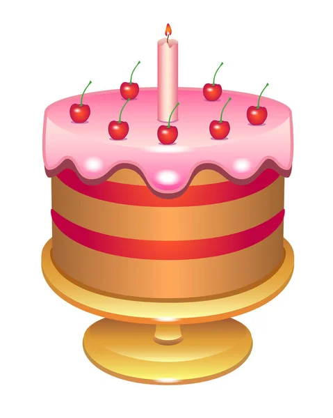 Gâteau Cerise Avec Une Bougie Recouverte Glaçage Gâteau Anniversaire Sur — Image vectorielle