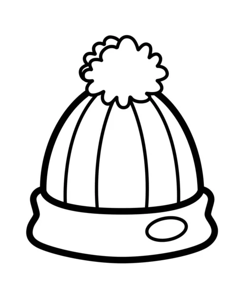 Pictogram veya logo için kış şapkası doğrusal vektör çizimi. Pufla örülmüş şapka. Boyamak için. Özet geç. Sıcak siyah şapka - sıcak giysi çizgisel resim.