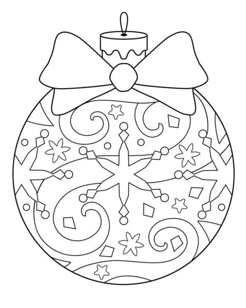 Fiyonklu Noel topu - stres önleyici - boyama için vektör doğrusal resim. Özet geç. Kar taneleri ve yıldızlar şeklinde bir deseni olan bir Noel ağacı oyuncağı. Çocuklar ve yetişkinler için kış boyama kitabı için bir unsur..