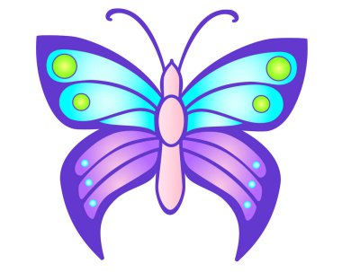 Kelebek - parlak vektör tam renk çizimi. İlkbahar ve yaz için mor ve mavi renkte yanardöner bir kelebek..