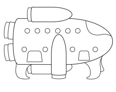 Uzay aracı kapalı hava kilitleri ve aydınlatma cihazlarıyla yüzeyde. Uzay gemisi - boyama için vektör doğrusal resim. Uzay aracı iniş ayaklarının üzerinde yatay olarak duruyor. Gezegenler arası seyahat ve uzay turizmi için bir gemi..