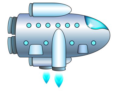 Yıldız gemisi yatay olarak iniyor - vektör tam renk çizimi. Uzay araştırmaları, turizm ve kargo teslimatı için roket. Gezegenler arası seyahat için bir gemi..