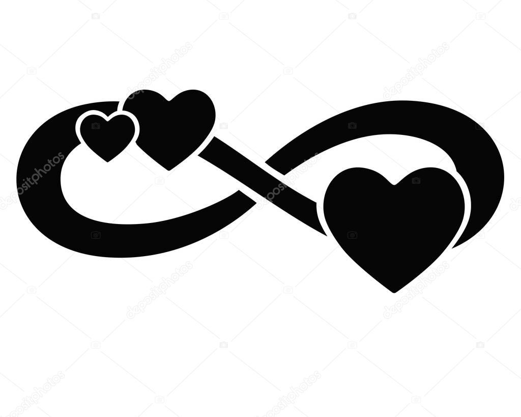 Infinity sign with three hearts - vector silhouette illustration for logo or pictogram. Eternal love symbol for Valentine's Day, polyamory symbol. Love and romance is a sign or icon.
