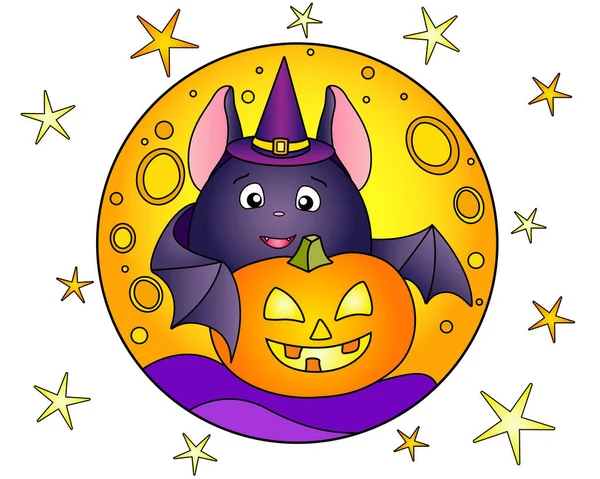 Grosse Chauve Souris Citrouille Halloween Sur Fond Lune Des Étoiles — Image vectorielle
