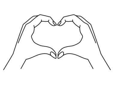 Eller jesti gösterir - kalp - düzenlenebilir hatları olan vektör doğrusal çizim. Ellerle gösterilen kalp işaretleri. Renkli manikürlü bir kadın eli. Özet.