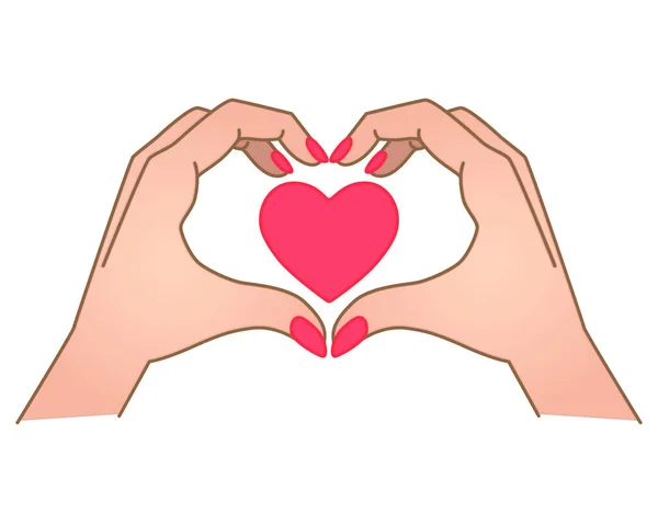 手显示的手势 心脏与心脏内矢量全彩色插图 心脏的体征是由手表示的 女性修指甲的手表现出爱心 情人节 — 图库矢量图片