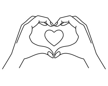 Eller jest gösterir - içinde kalp olan kalp - renklendirme için vektör doğrusal çizim. Ellerle gösterilen kalp işaretleri. Özet geç. Sevgililer Günü sembolü - kalp, aşk