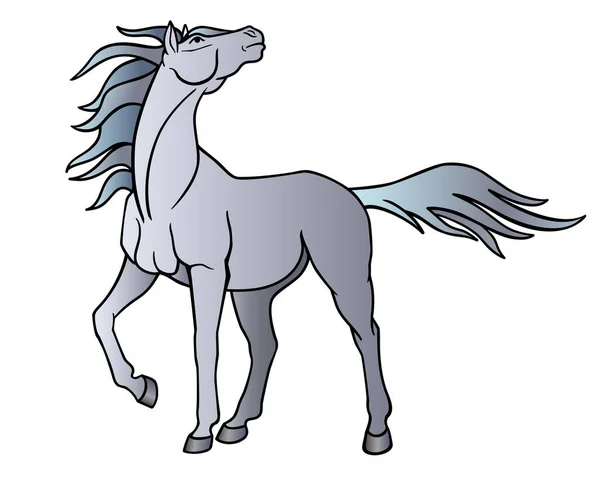 美しい灰色のスタリオンは空を見上げ 風は長いたてがみと尾をなびかせます 動物とベクトルフルカラー画像 風の中で壮大な純血種の灰色の馬が遊ぶ — ストックベクタ