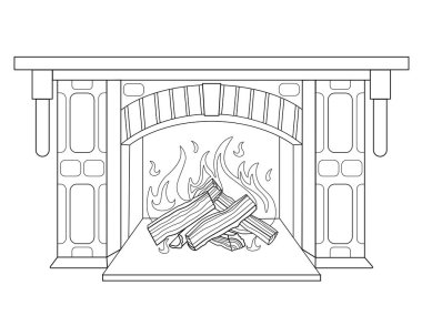 Yanan odunlu şömine - boyama için vektör doğrusal çizim. Yanan bir ocak. Özet geç. Yanmış bir şömine, şömine rafı, boyama kitabı için dekoratif bir taş.
