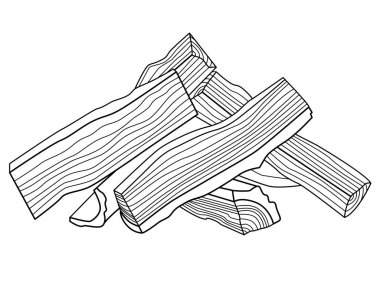 Yakacak odun - boyama için vektör doğrusal resim. Özet geç. Kütükler dört parçaya bölünmüş ve bir eve katlanmış. Şömine ya da şömine için odun. Tahta. HEarth Yakıtı - Boyama Kitabı Ögesi.