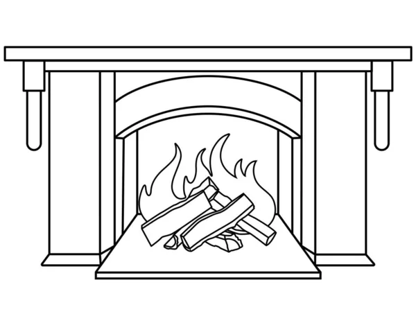 Fireplace Vector Linear Picture Coloring Outline Burning Wood Fireplace Element — Archivo Imágenes Vectoriales