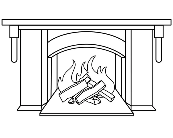 Kominek Wektor Liniowy Obraz Kolorowania Zarys Palenie Drewna Kominku Element — Wektor stockowy