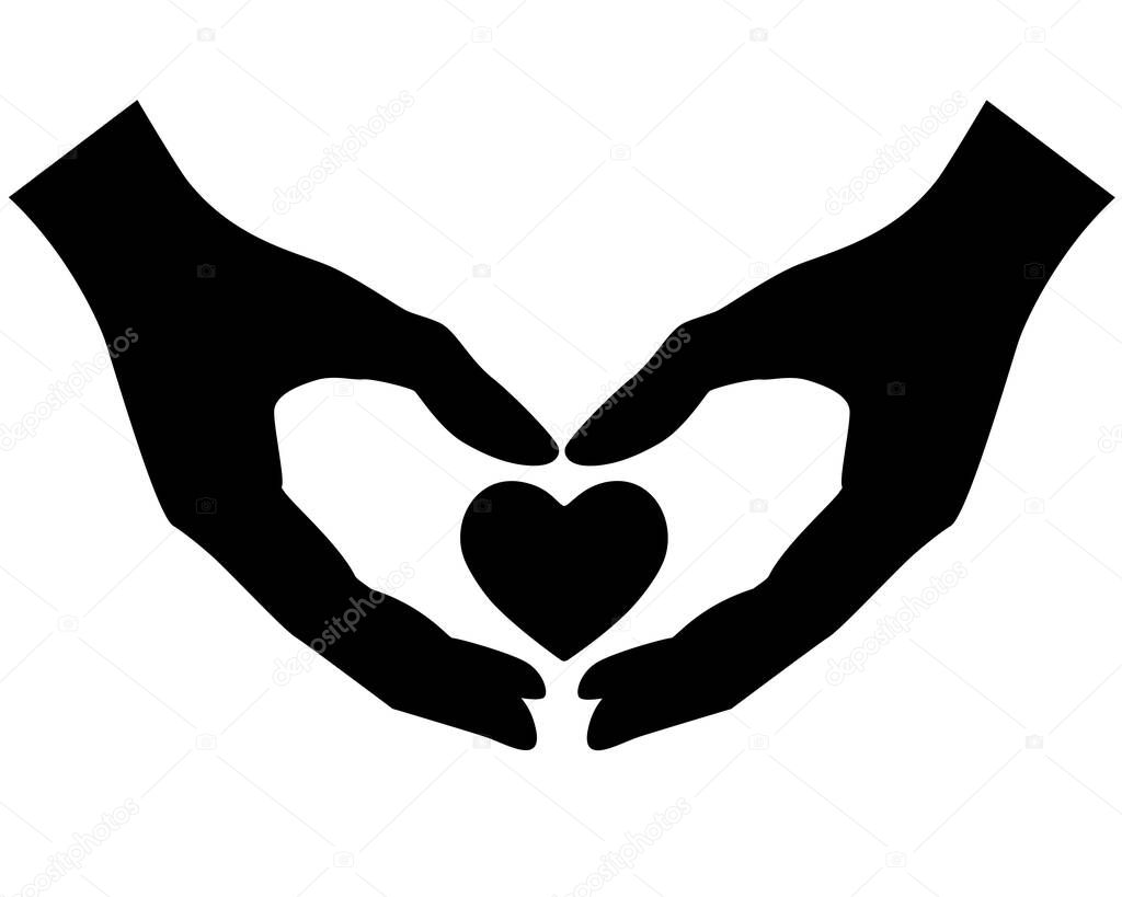 Hands hold heart symbol vector black silhouette for logo or pictogram. Heart in hands - a symbol of charity, trust, medicine - a sign for identity. Caring and love. St. Valentine's Day.