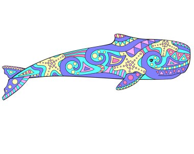 Sperm balinası - vektör lineer tam renk çizimi - deniz memelileriyle. Deniz hayvanı sperm balinası. Boyalı cam, batik ya da boyama için şablon.