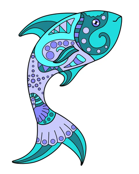 Vis Vector Lineaire Full Color Zentangle Illustratie Met Zeedier Sjabloon — Stockvector