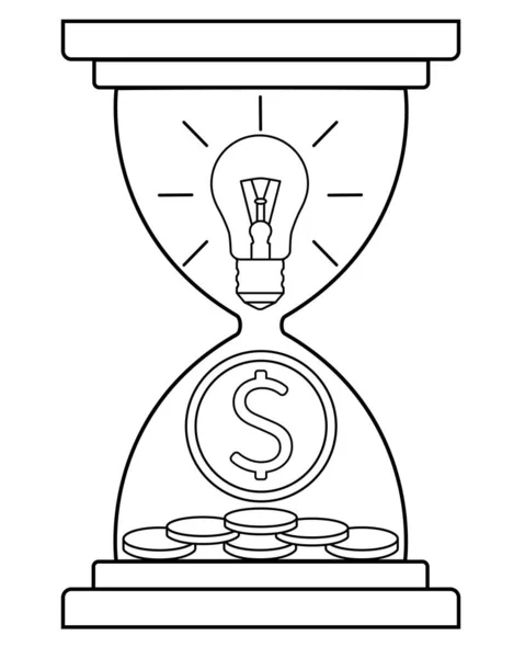 Ett Timglas Med Glödlampa Och Ett Mynt Metafor Idéer Och — Stock vektor