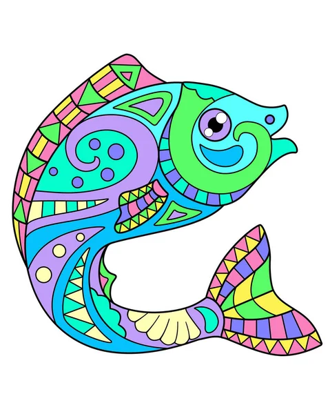 Vis Vector Lineaire Full Color Zentangle Afbeelding Met Zeedier Leven — Stockvector