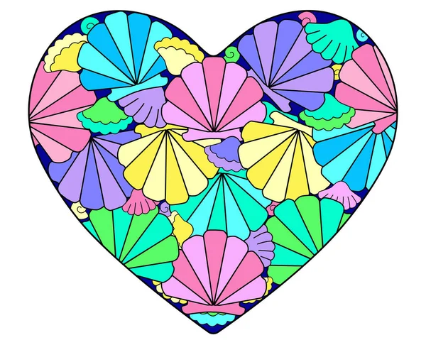 Сердце Разноцветными Ракушками Гребешки Векторная Линейная Иллюстрация Сердце Морскими Раковинами — стоковый вектор