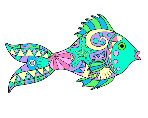 Fish Vector Linear Full Color Zentangle Picture Sea Animal Living — Stock Vector