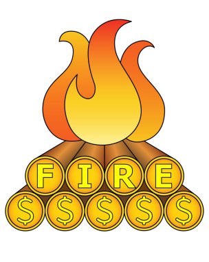 Mali bağımsızlık erken dönem sembolü - amblem ya da logo için ateşle tam renk illüstrasyonlu vektör. Metafor. Kesiğinde bozuk paralar olan yakacak odun bir sembol, bir işaret. Yakacak odunları ve paraları olan şenlik ateşi..