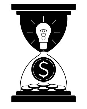 An hourglass with a light bulb and a coin is a metaphor: ideas and inventions bring money over time. Monetization of inventions - vector silhouette, icon or logo.