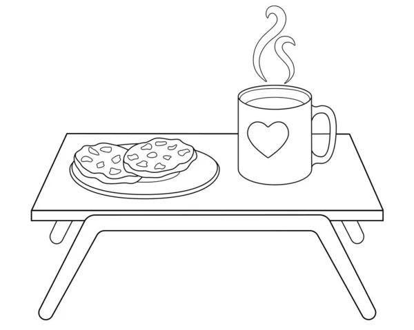 早餐桌上有一杯咖啡和一盘饼干 向量线形图解用于着色 在床头柜旁边的桌子上 放着一杯茶和饼干 这是个可爱而舒适的涂鸦 — 图库矢量图片