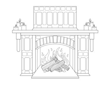 Şöminenin üzerinde mumlar olan dekoratif taş şömine boyama için vektör doğrusal resim. Özet geç. Şöminede ateş yanıyor. Boyama kitabı için bir element. Yakacak odun.