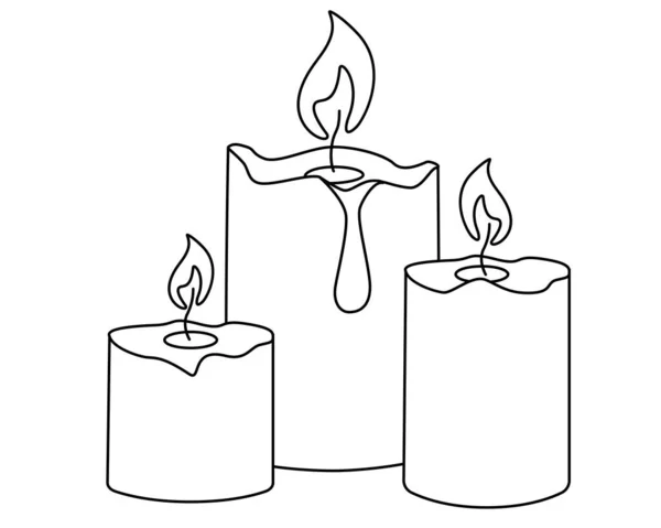 Velas Románticas Tres Velas Encendidas Imagen Lineal Vectorial Para Colorear — Vector de stock