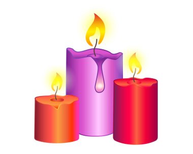 Mum. Romantik kırmızı ve mor mumlar. Üç parlak, parlayan, yanan mum - vektör tam renk illüstrasyon. Sıcak canlı ateş.