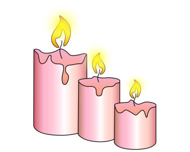 Candles. Three wax candles of different sizes are burning - vector full color illustration. Pink, romantic, bright candles. Fire, flame, paraffin.