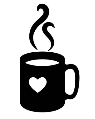 Kalpli kupa. Sıcak bir içecek - kahve ya da çay ve yükselen buhar damlaları - logo ya da piktogram için vektör silueti çizimi. Kalp işareti ya da kimlik sembolü olan kupa.