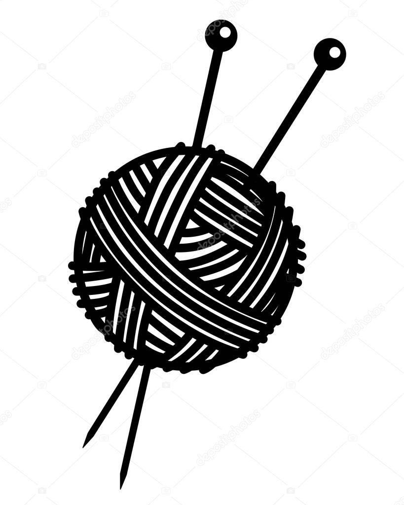 Knitting - Ball of Yarn With Needles Stuck In It. A clew and knitting needles - vector silhouette illustration for a logo or pictogram. Needlework yarn is a sign or symbol for identity.