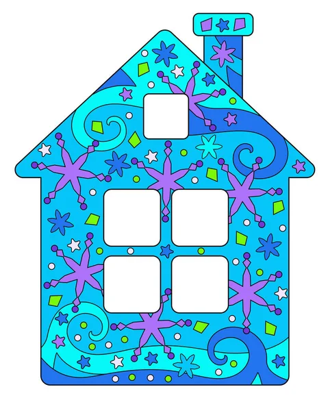 Small House Chimney Windows Vector Christmas Full Color Zentangle Picture — Vettoriale Stock