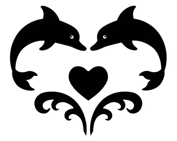 跳跃海豚的心脏和波浪 矢量黑色轮廓的标志或模板 海豚和水花 纹身的模板 Mehendi — 图库矢量图片