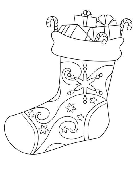 Chaussette Remplie Cadeaux Livre Coloriage Antistress Noël Vecteur Linéaire Pour — Image vectorielle