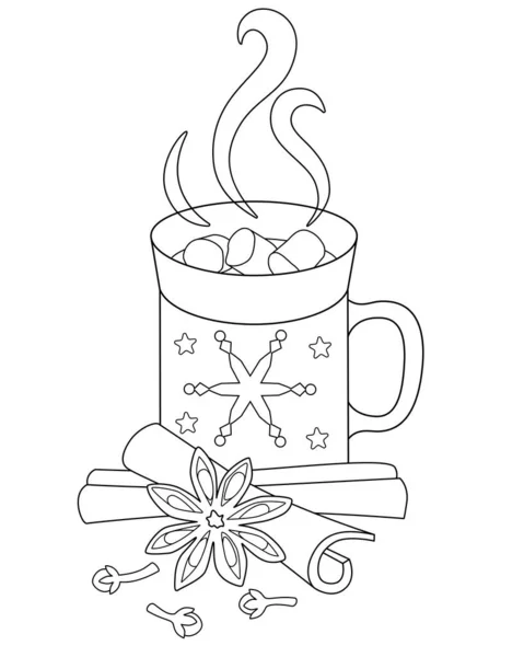 一杯热饮料 棉花糖 星形茴香 丁香和肉桂的颜色图解 加热巧克力 雪花和星星的杯子 带有蒸汽香料和棉花糖的咖啡 — 图库矢量图片