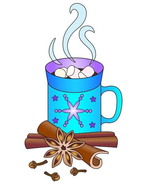 一杯热饮料 棉花糖 星形茴香 丁香和肉桂载体全色彩插图 加热巧克力 雪花和星星的杯子 带有蒸汽香料和棉花糖的咖啡 — 图库矢量图片