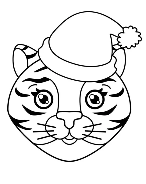 Tiger Santa Hatt Symbol 2022 Vektor Linjär Illustration För Färg — Stock vektor