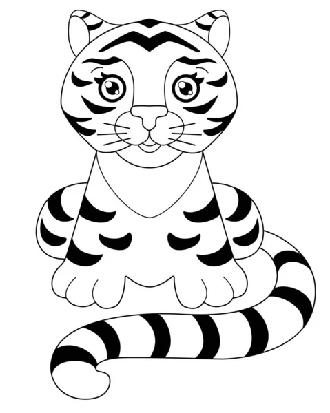 Tiger Coloring Book Little Cute Tiger Cub Long Tail Sits — Stock Vector