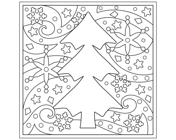 Página Para Colorear Navidad Con Árbol Copos Nieve Estrellas Vector — Vector de stock