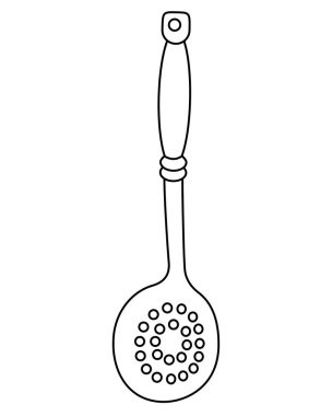 Slotted Spoon Holes Ladle - renklendirme için vektör doğrusal çizim. Özet geç. Skimmer - Mutfak Aracı - Boyama kitabı, logo veya işaret için elementtir. Mutfak eşyaları.