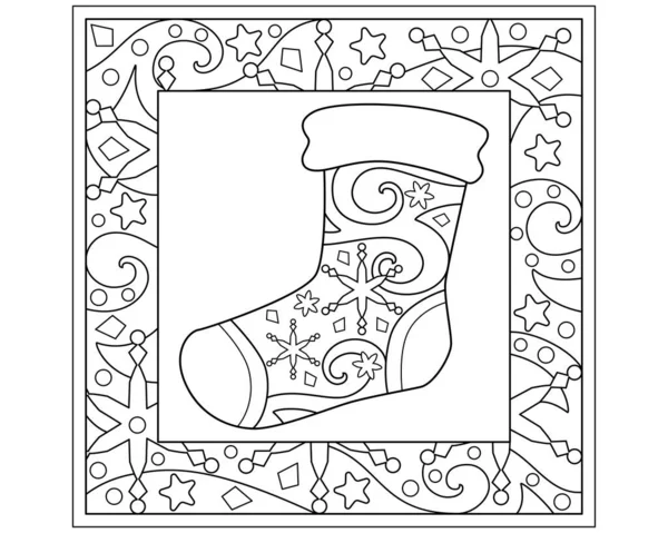 Chaussette Page Colorier Hiver Noël Cadre Avec Flocons Neige Étoiles — Image vectorielle