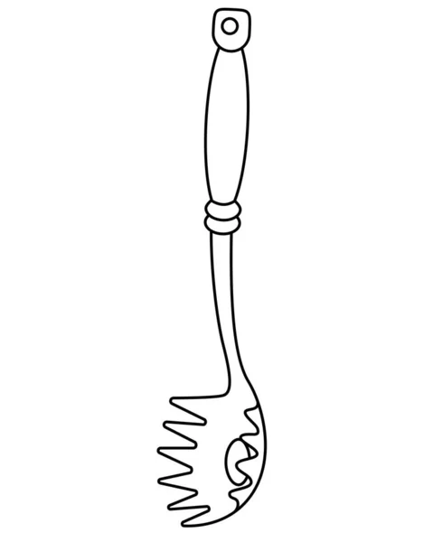 意大利面勺子向量线形图解用于着色 有叉子和意大利面孔的勺子厨房工具 用于图书 标识或标志的着色 — 图库矢量图片