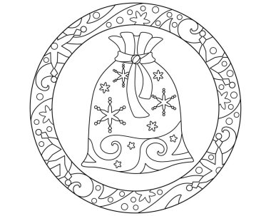 Hediye çantası, kış yılbaşı antistresi boyama vektör doğrusal çizim. Özet geç. Yuvarlak resim, kar taneleri, yıldızlar, buz kristalleri ve Noel Baba 'nın çantası.