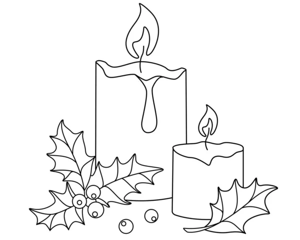 Velas Azevinho Ilustração Linear Vetorial Para Colorir Esboço Par Velas — Vetor de Stock