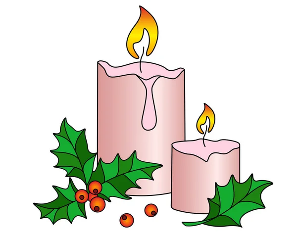 Свечи Холли Векторная Полноцветная Иллюстрация Пара Свечей Вечнозеленый Символ Рождества — стоковый вектор