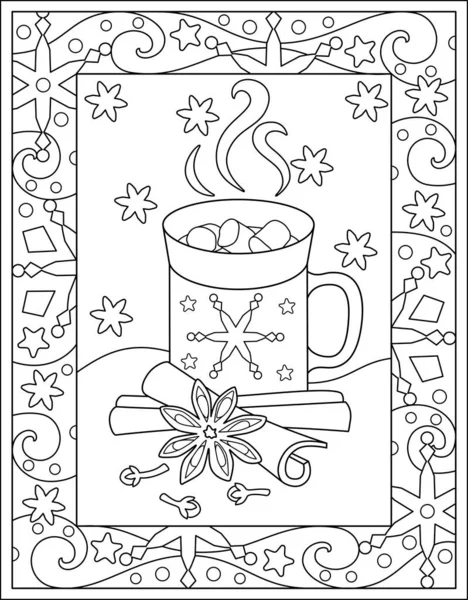 圣诞冬季 用棉花糖热饮料涂上抗压药 垂直矢量着色与Zentangle与一杯咖啡和香料 — 图库矢量图片