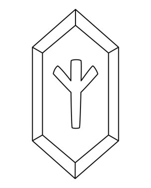 Twaz ya da Teiwaz, Yaşlı Futhark 'ın mührü, cesareti, onuru, liderliği, kararlılığı ve yüksek idealler uğruna savaşmayı ve fedakarlıkta bulunmayı simgeler. Renkler için vektör doğrusal resim. Özet geç. Runik Taş.